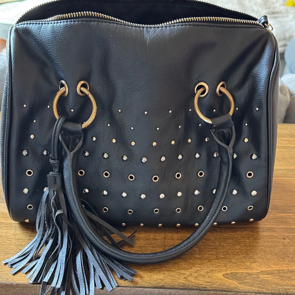 Black Studded Handbag with Tassel